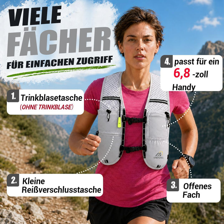 Laufweste Damen mit 500ml Trinkflasche/2L Trinkblase, Leichter Trinkrucksack Laufen Herren 6L, Runin