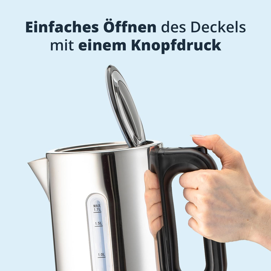KHG Wasserkocher WK-1702 (ES) | aus Edelstahl für 1,7 Liter Kapazität | Wasserstandsanzeige | Trocke