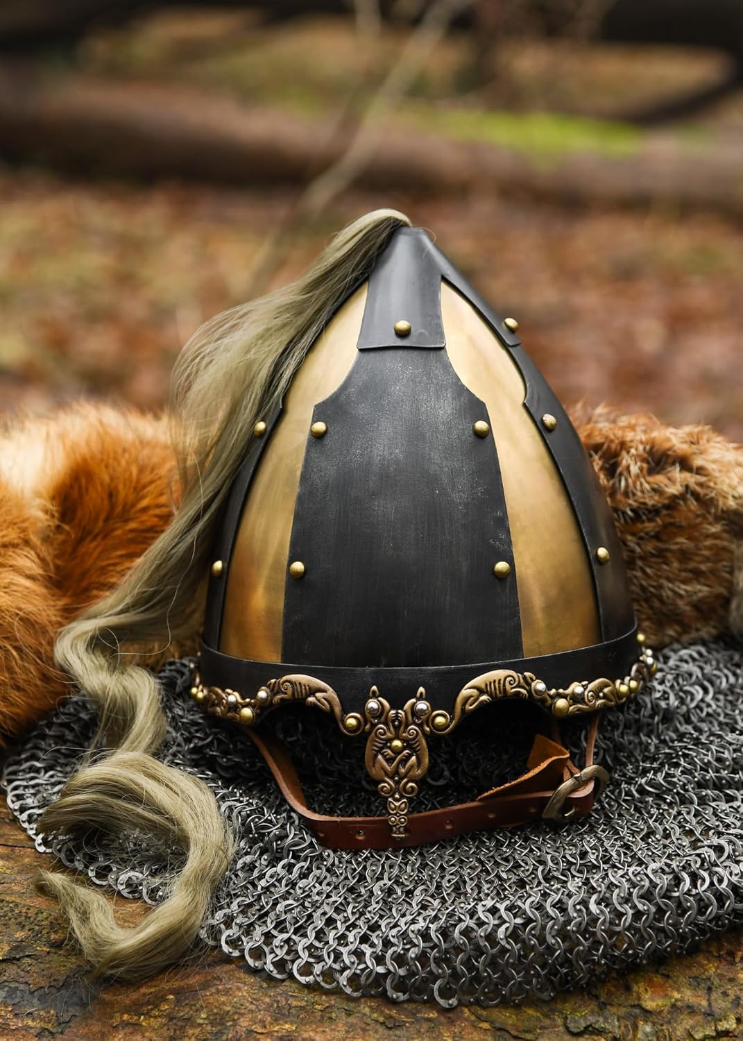 Battle-Merchant Helm aus Stahl Rus-Helm mit Pferdehaarbusch - Slawen Re-Enactment