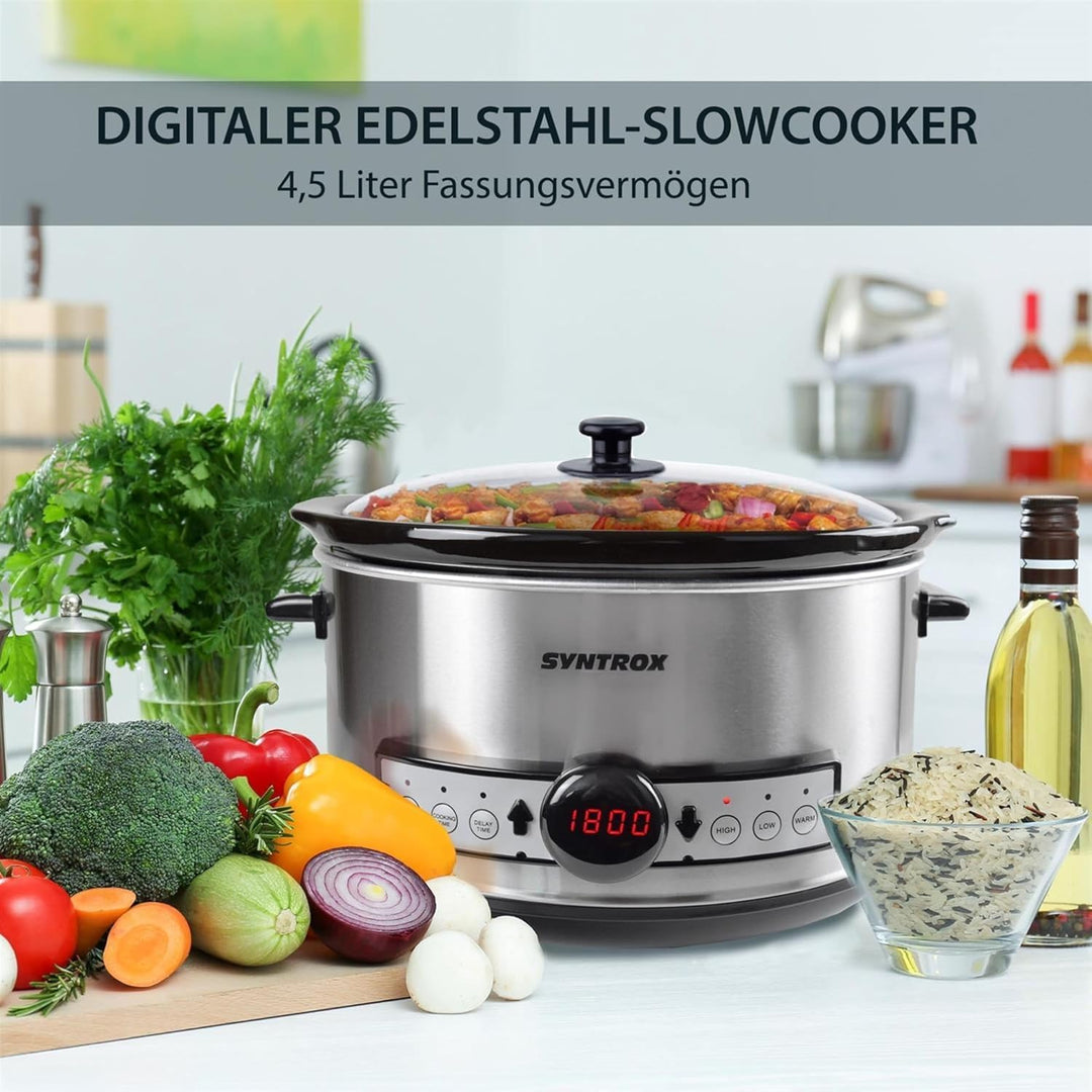 Syntrox 4,5 l Slow Cooker | Schmortopf | Schongarer | Multikocher Snittai, Edelstahl Küchengerät, mi