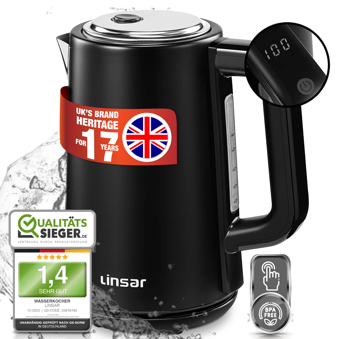 Linsar - Wasserkocher - Edelstahl-Optik - 1,7 Liter - Mit Touchfunktion, Warmhaltefunktion, 5 Temper
