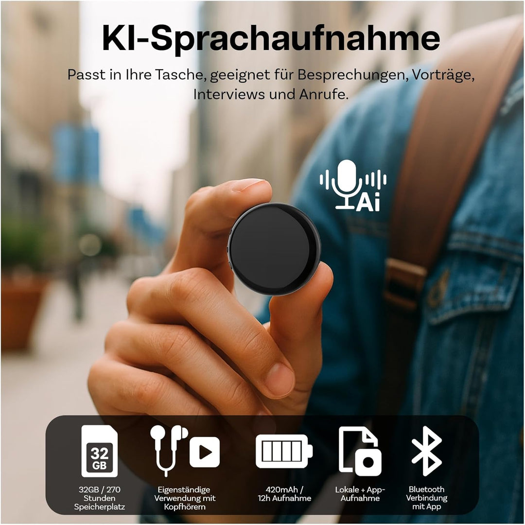 KI-Sprachrekorder von MMOBIEL – 32GB Rundes Digitales Diktiergerät mit App-Steuerung, KI-Transkripti