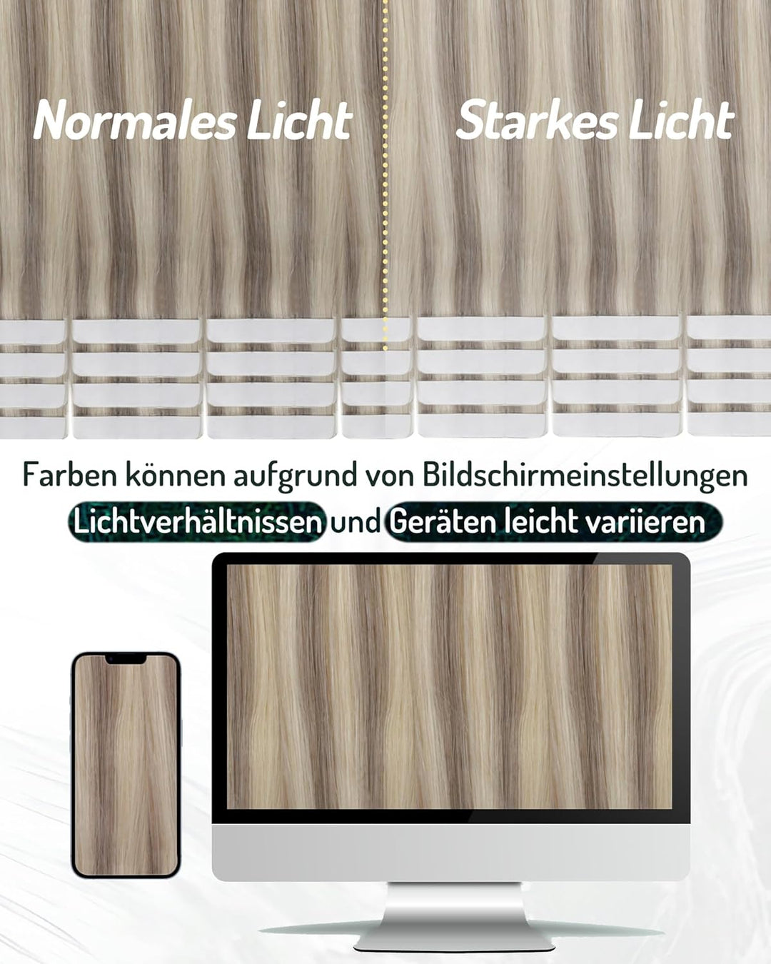 RUNATURE Tape in Extensions Echthaar Blond Highlights 35 cm Glatt Echthaar Tape Extensions Graublond