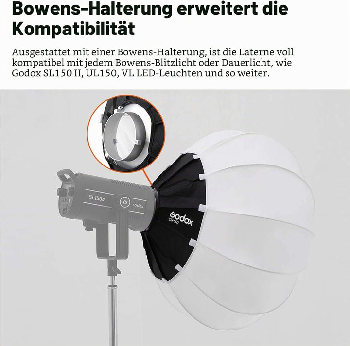 Godox CS-65D Laternen Softbox 65 cm,Bowens-Halterung,Schnell zu installieren,Zusammenklappbar,Globus