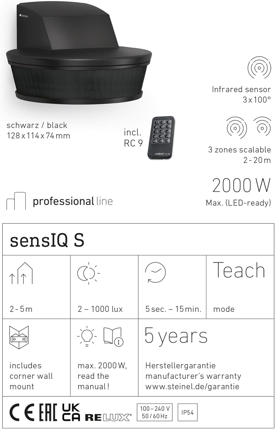 Steinel Bewegungsmelder sensIQ S schwarz, 2000 W, 300°|20 m Sensor, in 3 Richtungen einstellbar, Unt