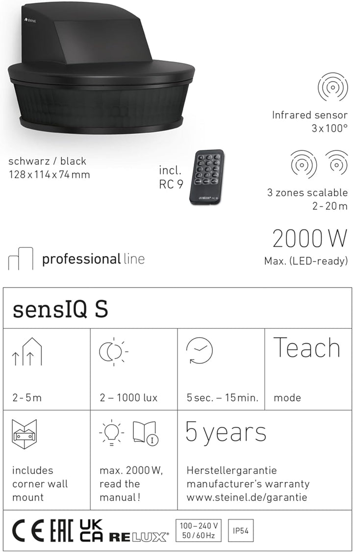 Steinel Bewegungsmelder sensIQ S schwarz, 2000 W, 300°|20 m Sensor, in 3 Richtungen einstellbar, Unt