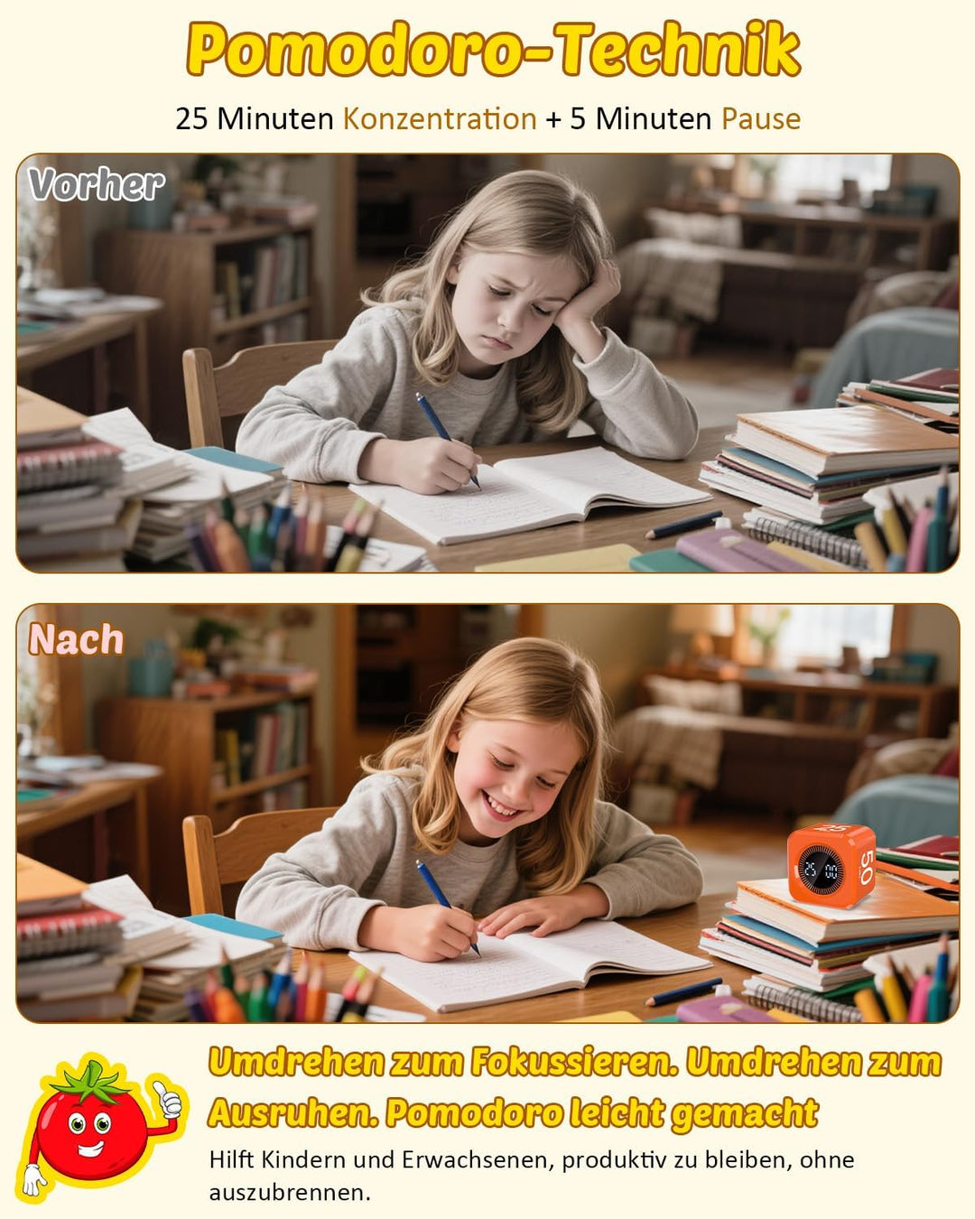 Pomodoro Timer Cube, Visueller Würfel-Timer für Kinder, Digitale LED Drehbarer Timer mit 5/10/25/50