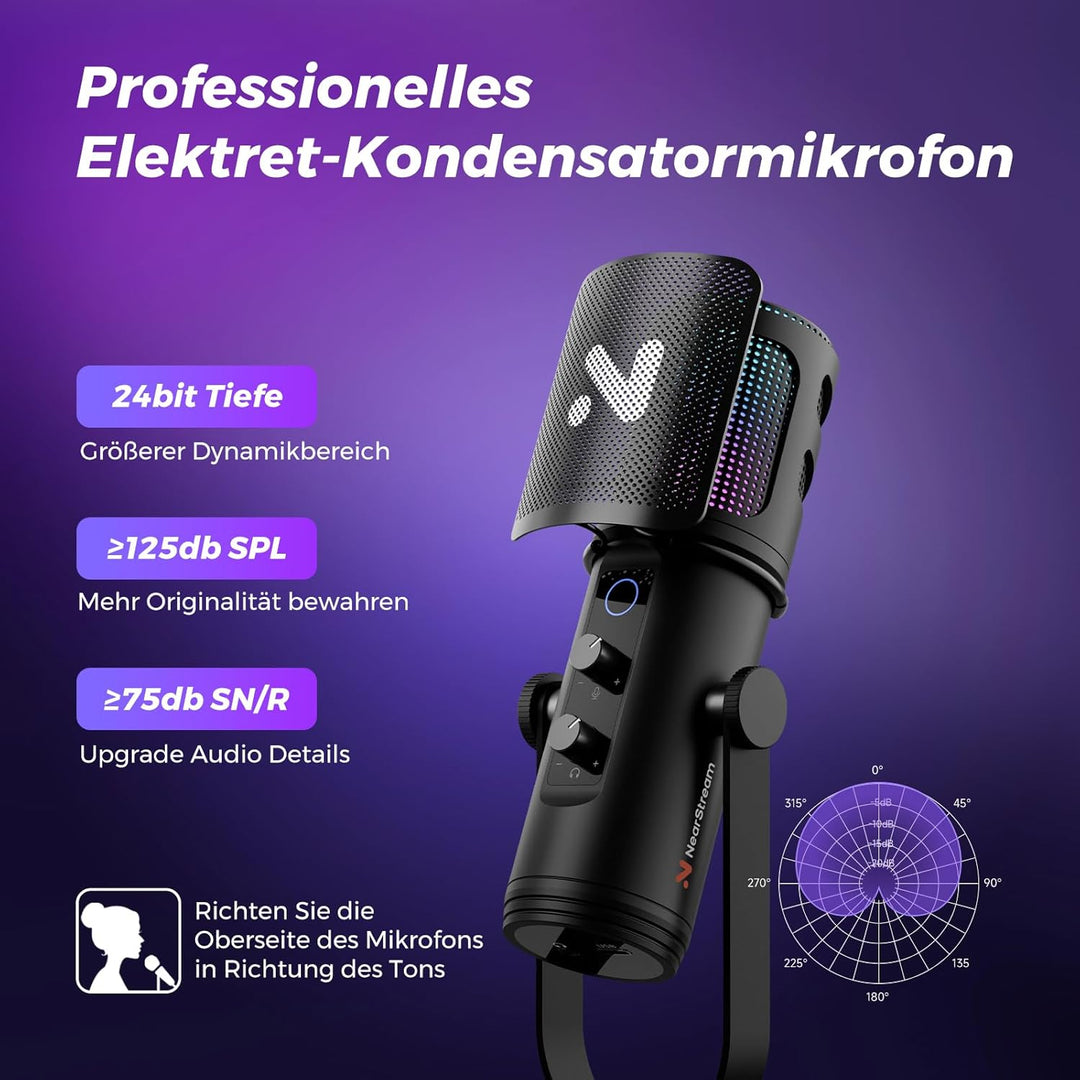 NearStream Gaming Mikrofon für PC, USB Mikrofon mit Rauschunterdrückung/RGB Licht/Stummschaltung/Ver