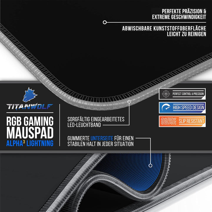 CSL-Computer Titanwolf - RGB Gaming Mauspad - led Schreibtischunterlage - 800x300 mm - XXL Mousepad