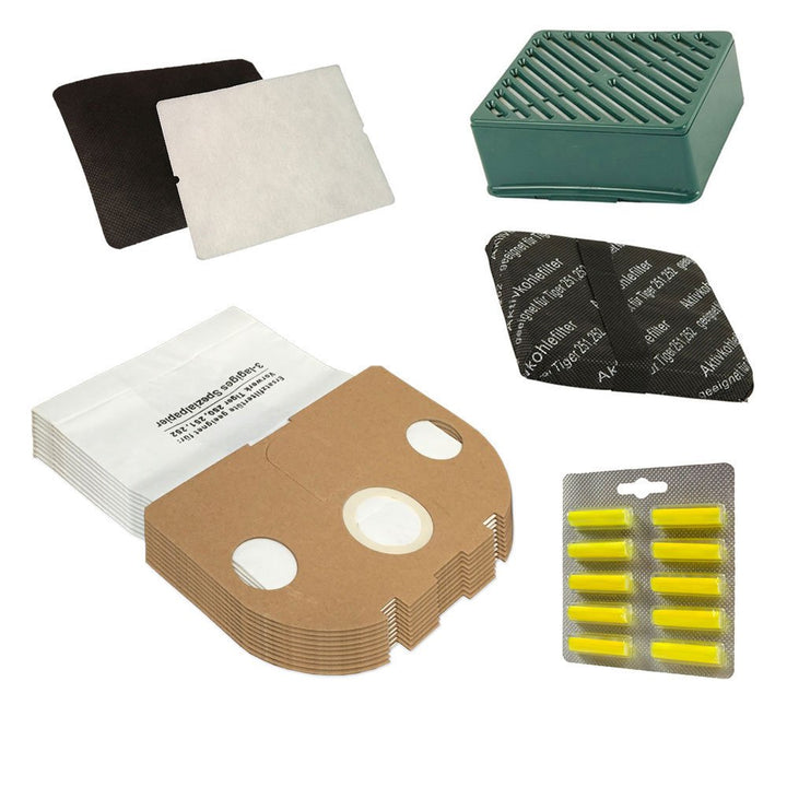 Sparset 10 Staubsaugerbeutel + 10 Duftsteine + Hepa Filter + Kohlefilter geeignet für Vorwerk Tiger