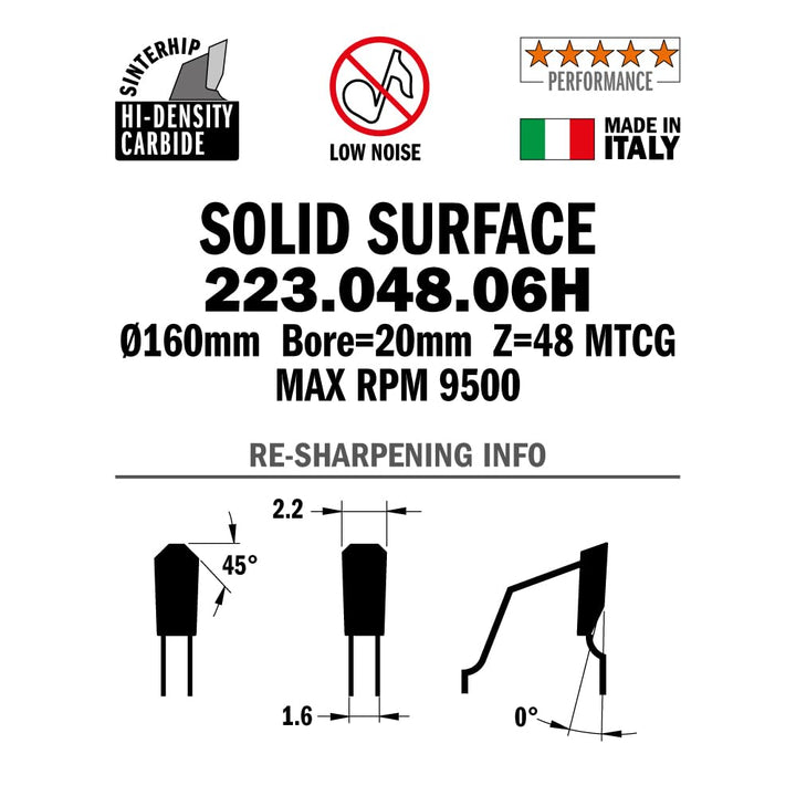 CMT Orange Tools 223.048.06H - Kreissägeblattf für Mineralwerkstoffe HW D=160x2.2/1.6x20 Z=48 MTCG
