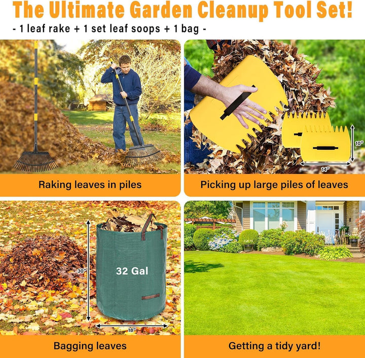 Rechen, Gartenlaubrechen Set - mit 32 Gallonen Laubsäcken und 2 Laubschaufeln, 166cm Laubrechen mit