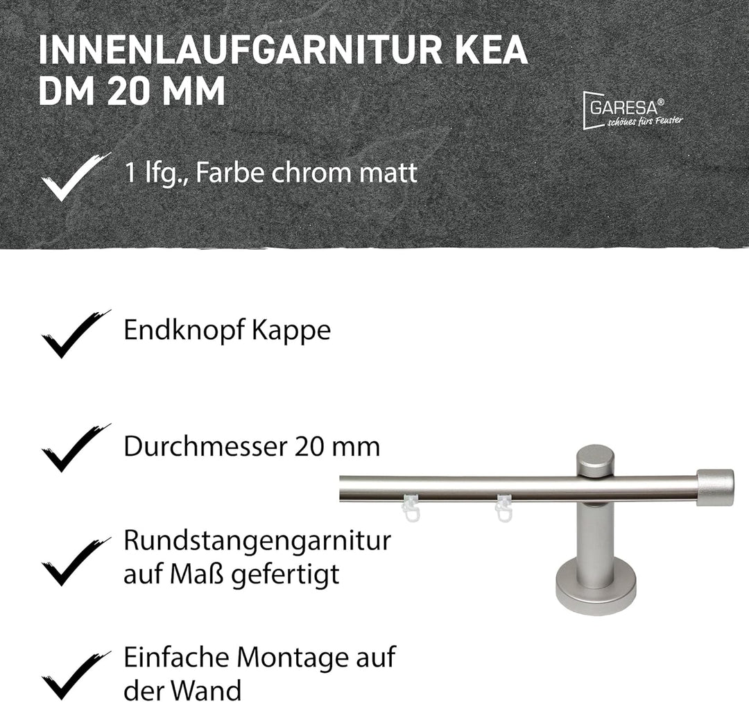Garesa Gardinenstange Kea Ø 20mm, 1-läufig, Chrom, matt I Aluminium Vorhangstange inkl. Gleiter I En