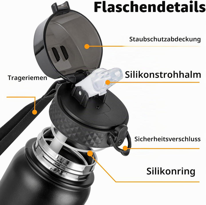 OLDLEY Edelstahl Trinkflasche mit Strohhalm, 1L Isolierte Trinkflasche, Thermosflasche BPA-freie - A