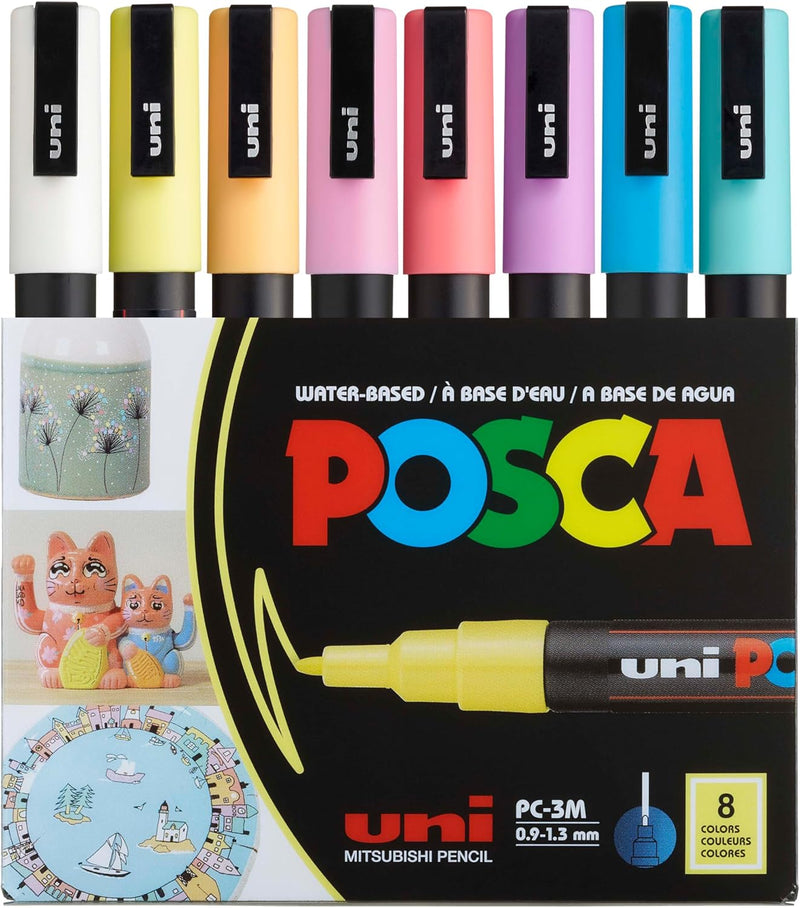 POSCA uni PC3M Stift mit feiner Spitze, weiche Farben, 8 Stück
