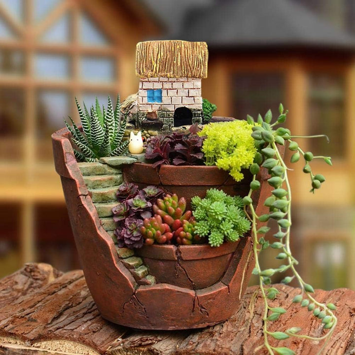 Hidyliu Kreativer Pflanzentopf Sukkulenten, Feenhaus mit süssem Haus, Blumenkorb, Heimbüro, Balkon,