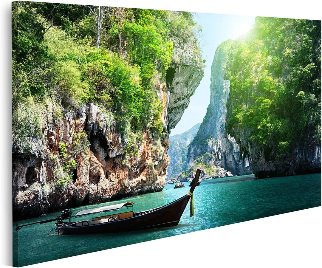 islandburner Bild auf Leinwand Langes Boot Und Felsen Am Railay Beach Thailand Bilder Wandbilder Pos