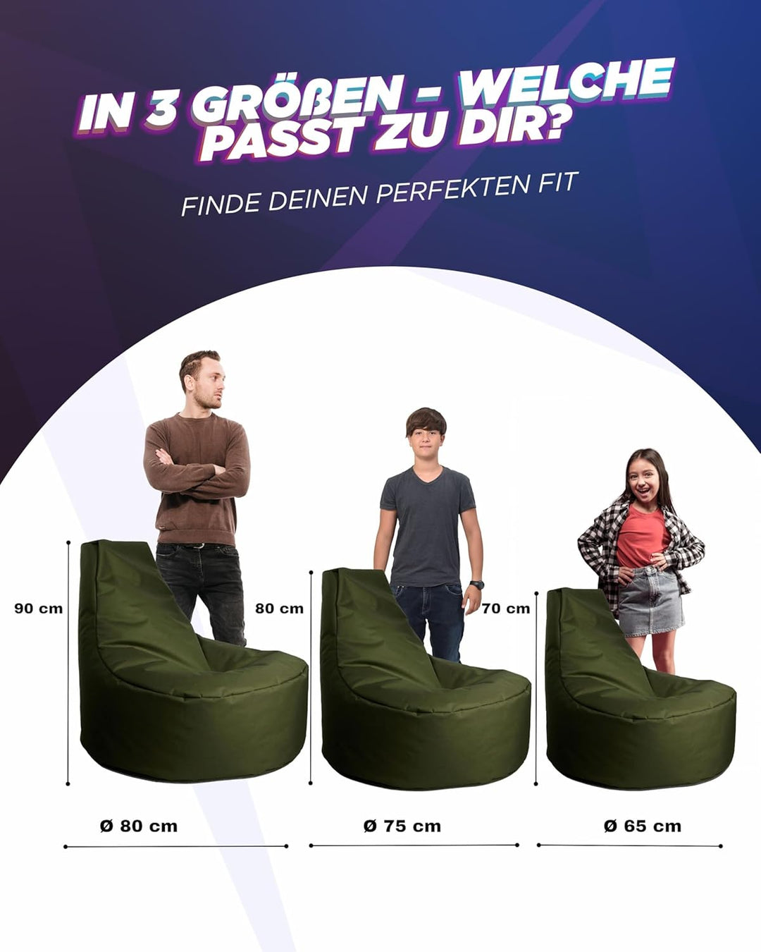 PATCH HOME Gamer Sessel Sitzsack Beanbag in 2 verschiedenen Grössen und 25 XXL - 80cm Durchmesser, 3