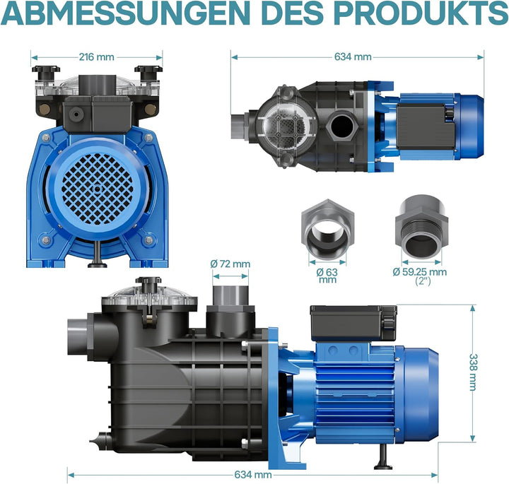 Pool Pumpe 34800 l/h 3000 W Schwimmbadpumpe Filterpumpe Umwälzpumpe Pool 10800 Liter / h, 180 W