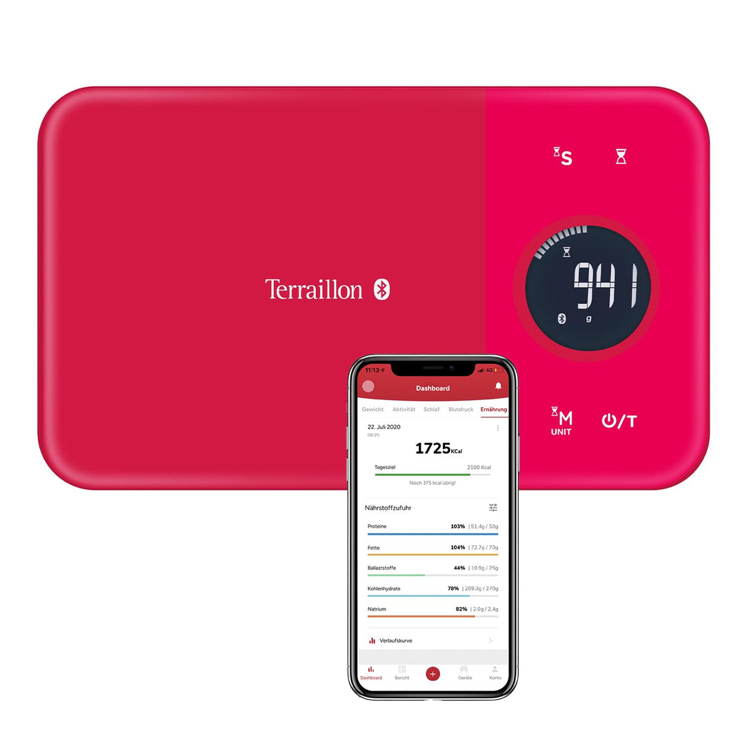 Terraillon Küchenwaage, Mit Smartphone/Tablet verbindbar, Berechnung der Energieaufnahme, Mit Tara-F