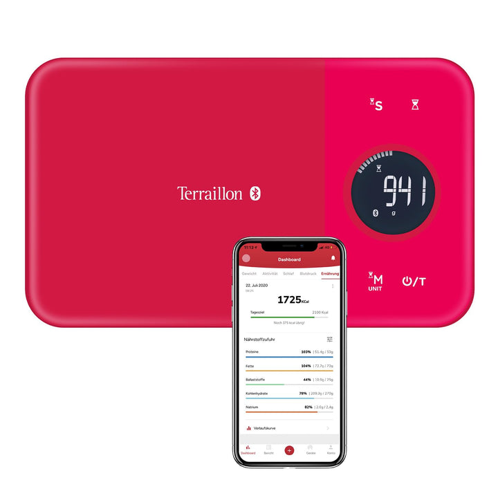 Terraillon Küchenwaage, Mit Smartphone/Tablet verbindbar, Berechnung der Energieaufnahme, Mit Tara-F