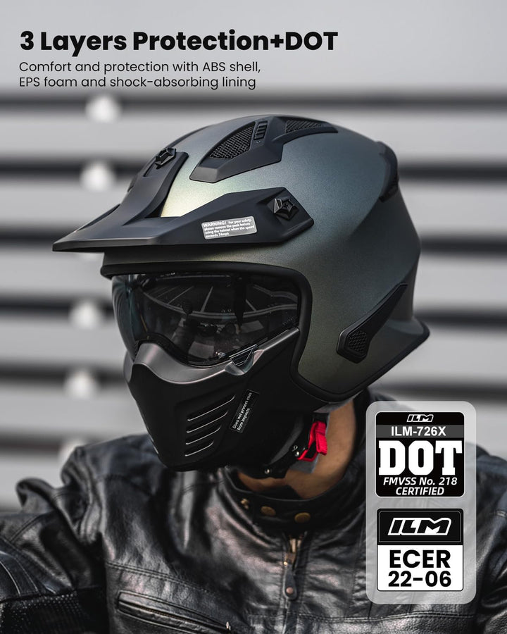 ILM Helm Motorrad Integralhelm Motocross Herren Damen Vintage Retro mit Visier ECE Model 726X XL Grü