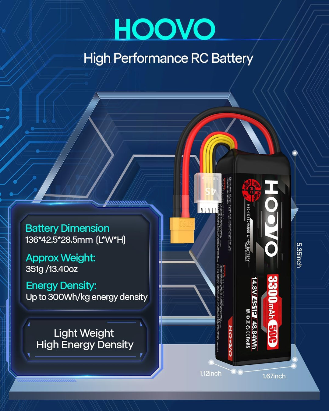 HOOVO 4S Lipo Akku 14,8V 3300mAh 50C RC Battery Softcase mit XT60 Stecker für RC Car Buggy Hubschrau