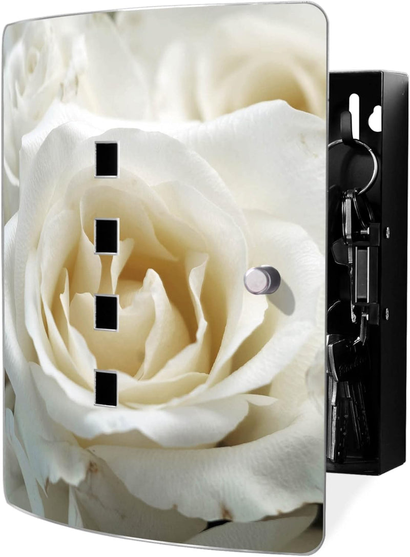 banjado® Design Schlüsselkasten aus Edelstahl mit Motiv White Roses für 10 Schlüssel - Schlüsselschr