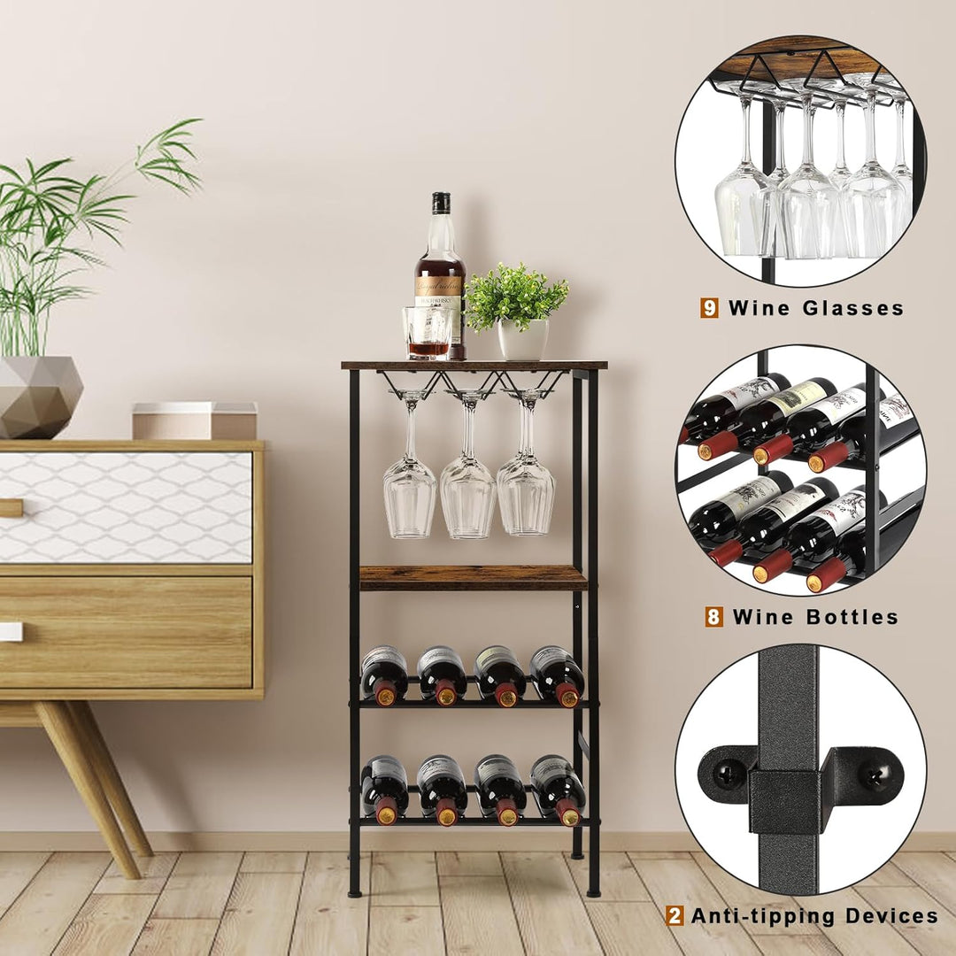 smusei Weinregal, Freistehend Flaschenregal mit Tischplatte & Weinglashalter, 4-stufiger Weinschrank