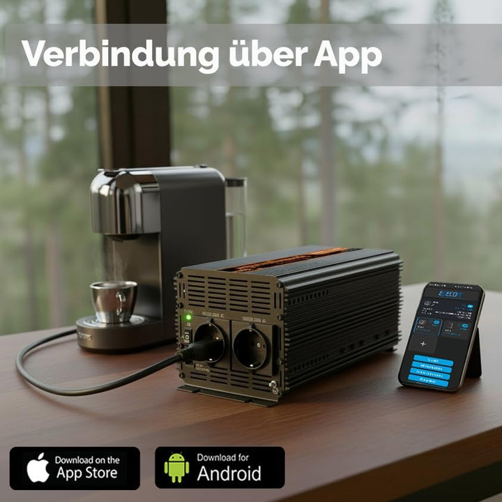 EDECOA Wechselrichter 1500W Reiner Sinus – 12V auf 230V mit ECO-Modus, Bluetooth & App für Auto, Woh