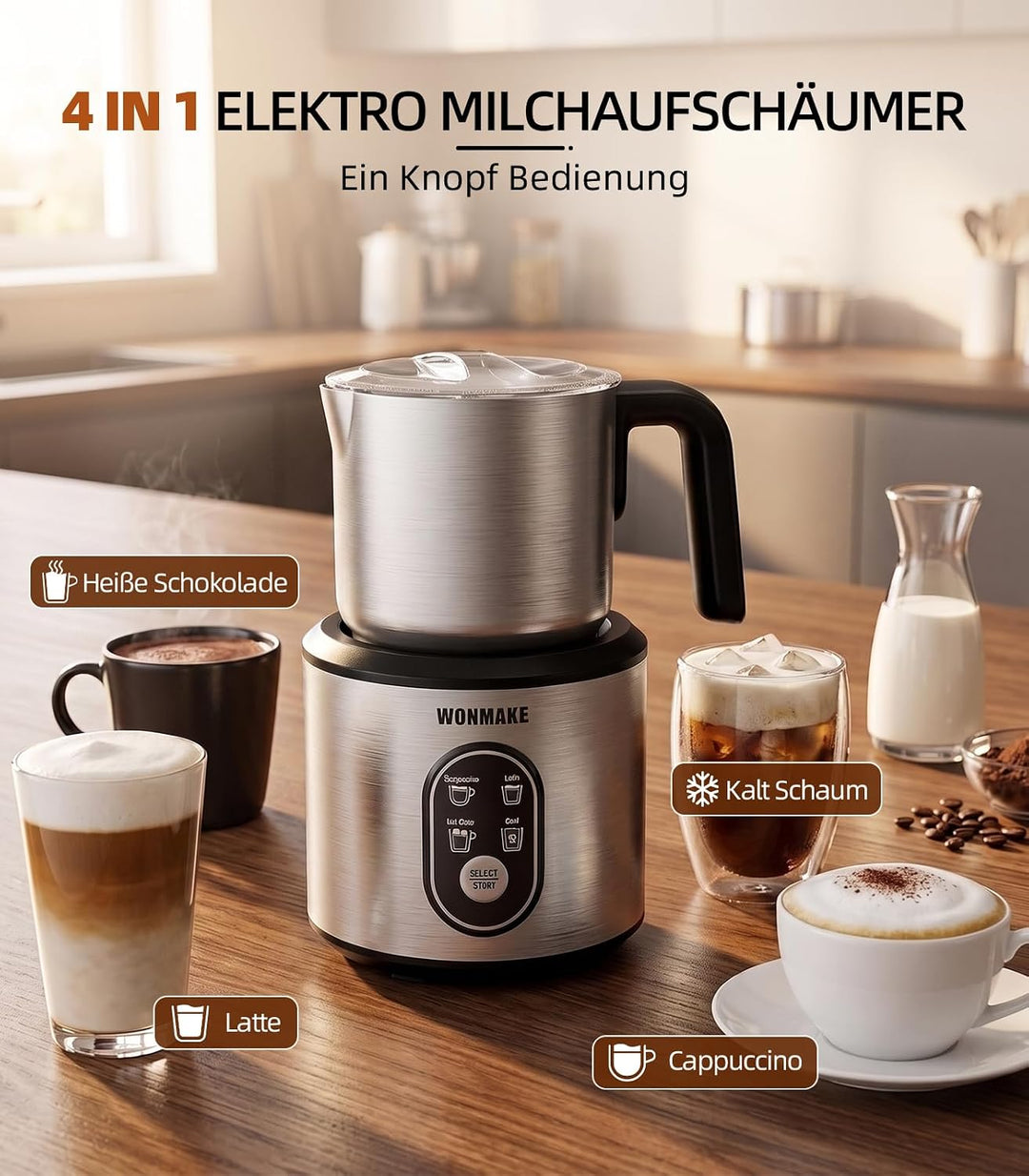 WONMAKE Milchaufschäumer Elektrisch 4 in 1, 350ml Spülmaschinenfest
