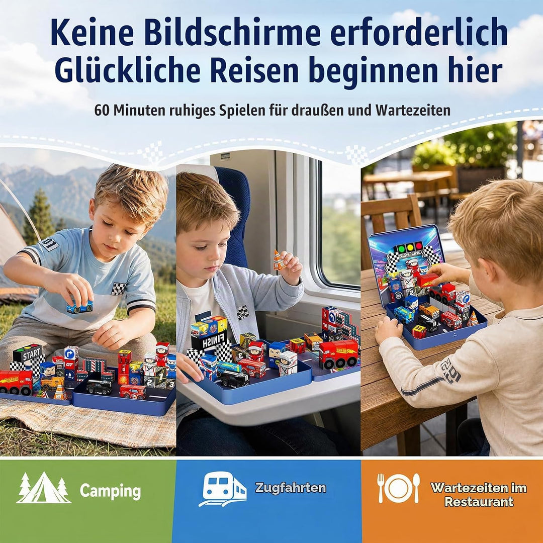 Magnetbausteine Jungen Reise: 48pcs Rennsport-Set in Reise Metalldose – N32 Starke Magnete für siche