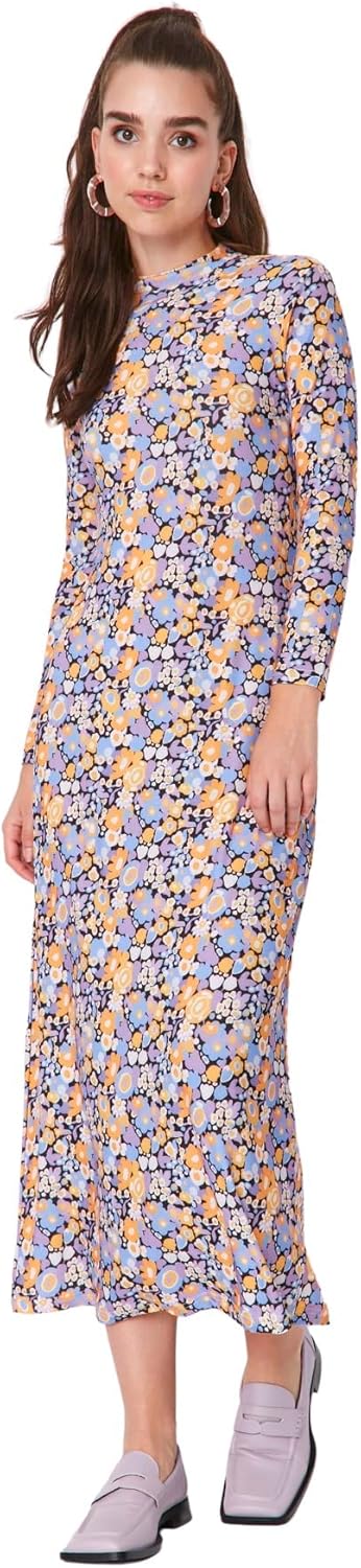 TRENDYOL Damen Woman Midi Shift V-Ausschnitt Gestrickt Kleid 40 Purple-multicolor, 40 Purple-multico