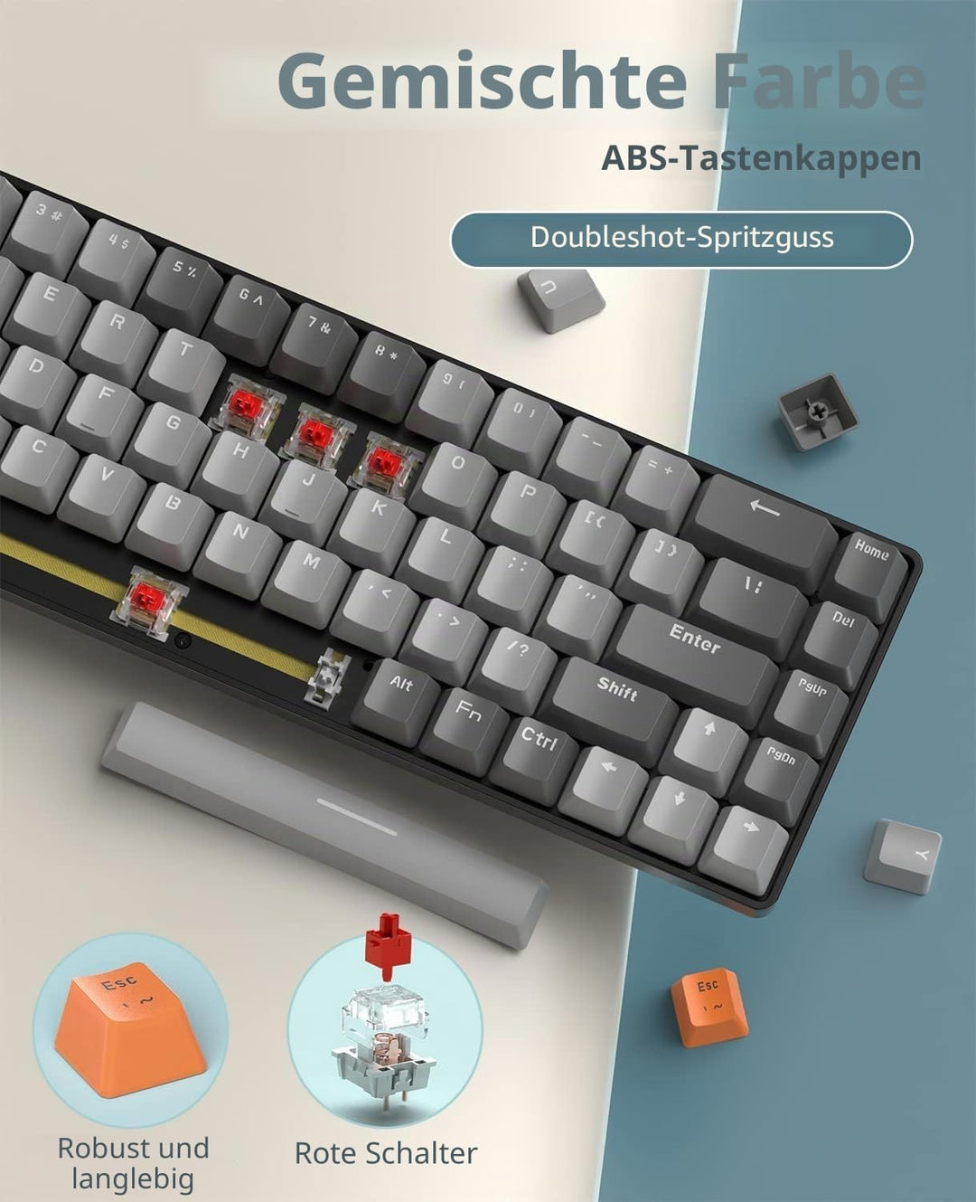 YINDIAO K68 60% Kabellose Mechanische Gaming Tastatur,Bluetooth 5.0/2,4 GHz,Kompakte 68 Tasten Mini