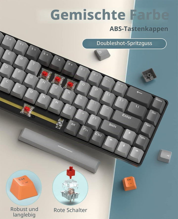 YINDIAO K68 60% Kabellose Mechanische Gaming Tastatur,Bluetooth 5.0/2,4 GHz,Kompakte 68 Tasten Mini