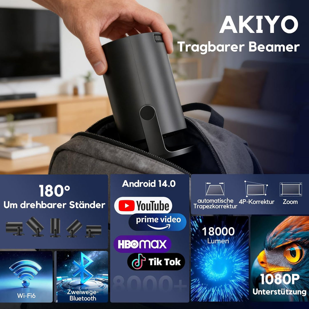 Smart Mini Beamer 1080P Unterstützt, Tragbarer Projektor AKIYO O2 mit WiFi 6 und Bluetooth 5.4, Beam