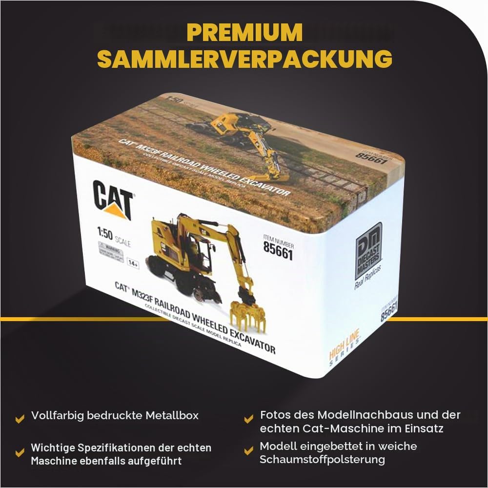 Diecast Masters 85661 - Caterpillar Zweiwegenbagger für Eisenbahn Cat M323F Rail, Massstab 1:50, ca.