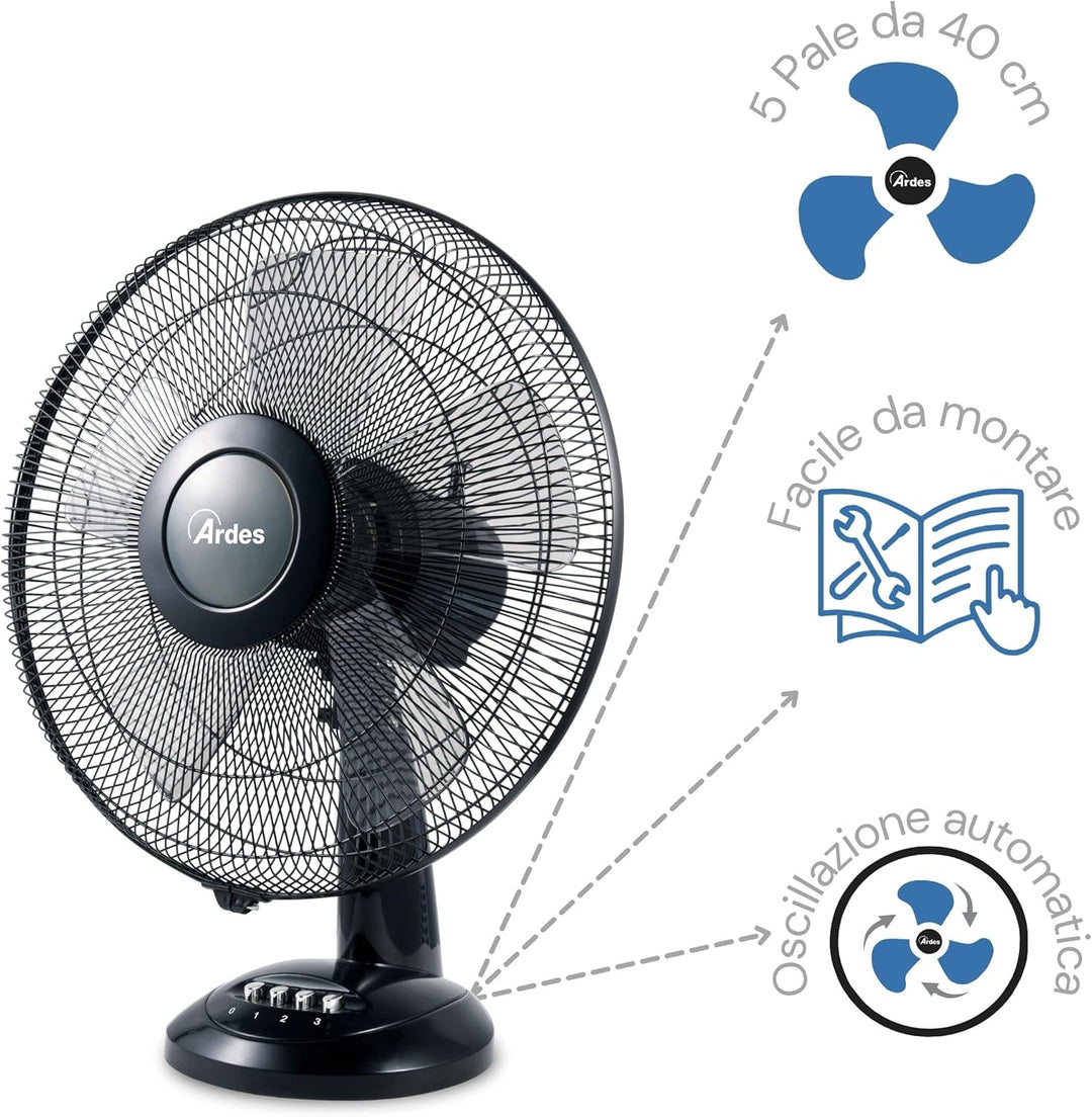 ARDES - Ardes-Tischventilator, 40 cm, 5 Flügel, oszillierend, Total Black, Ardes-Ventilator, 3 Gesch