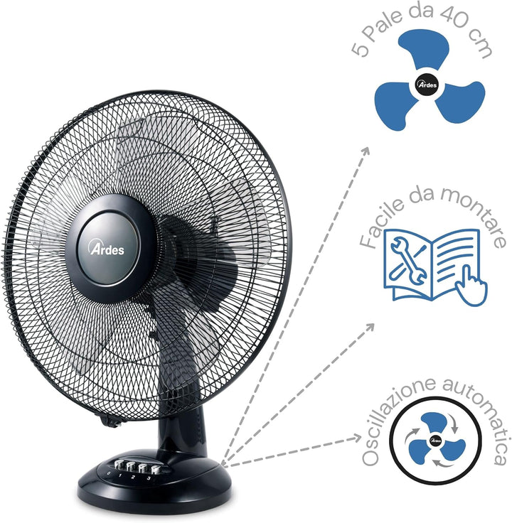 ARDES - Ardes-Tischventilator, 40 cm, 5 Flügel, oszillierend, Total Black, Ardes-Ventilator, 3 Gesch