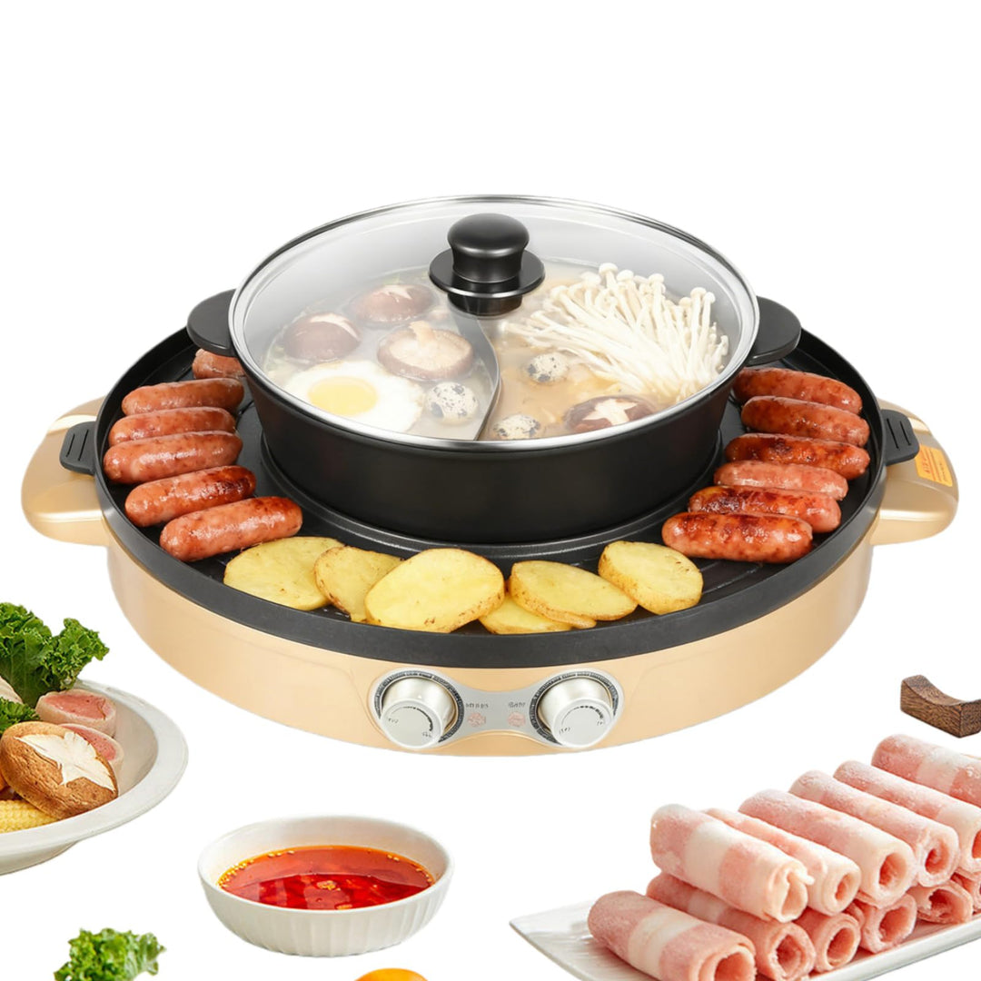 Elektrischer Hot Pot 2200W, 2 in 1 BBQ Grillplatte mit Antihaftbeschichtung, Tragbare Tischgrill Hot