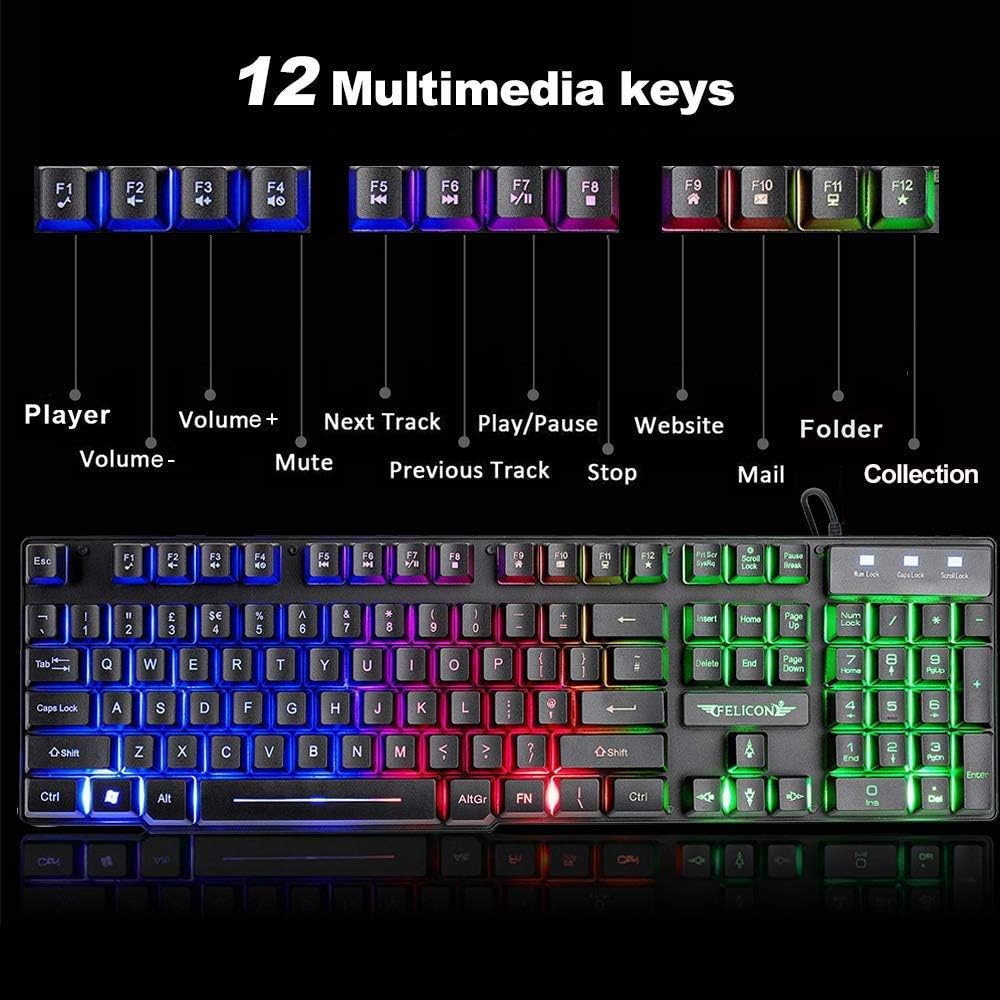 UK-Layout 4-in-1 Gaming-Tastatur und Maus-Set, Regenbogen-Hintergrundbeleuchtung, USB Gaming-Tastatu