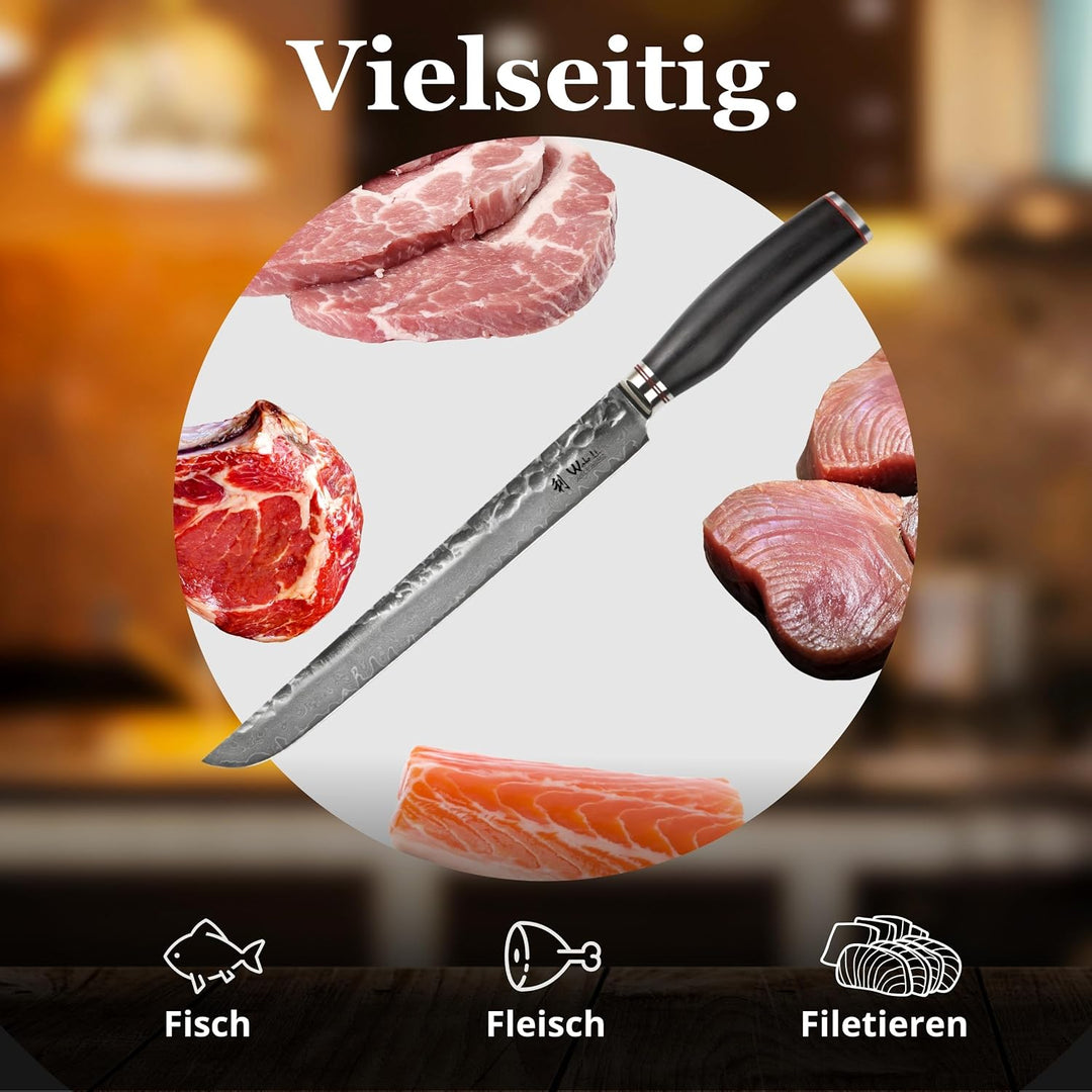 Wakoli EBO Premium Fleischmesser Tanto mit 27,5 cm Klinge und Hammerschlag gefertigt aus 67 Lagen ec