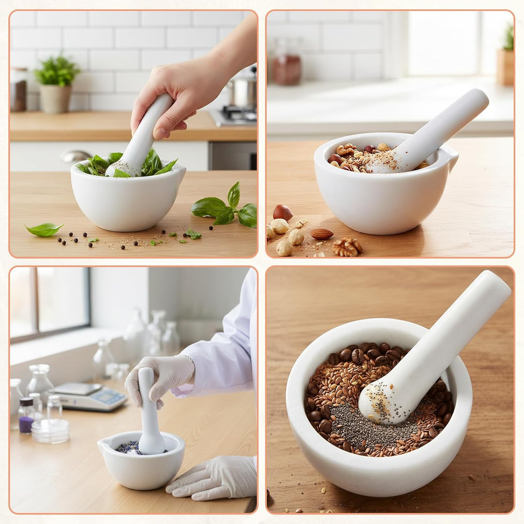 Mörser mit Stössel Set, 5,5cm und 8cm Mörser Klein, Enthält 2 Reinigungsbürsten und 2 Kleine Löffel,