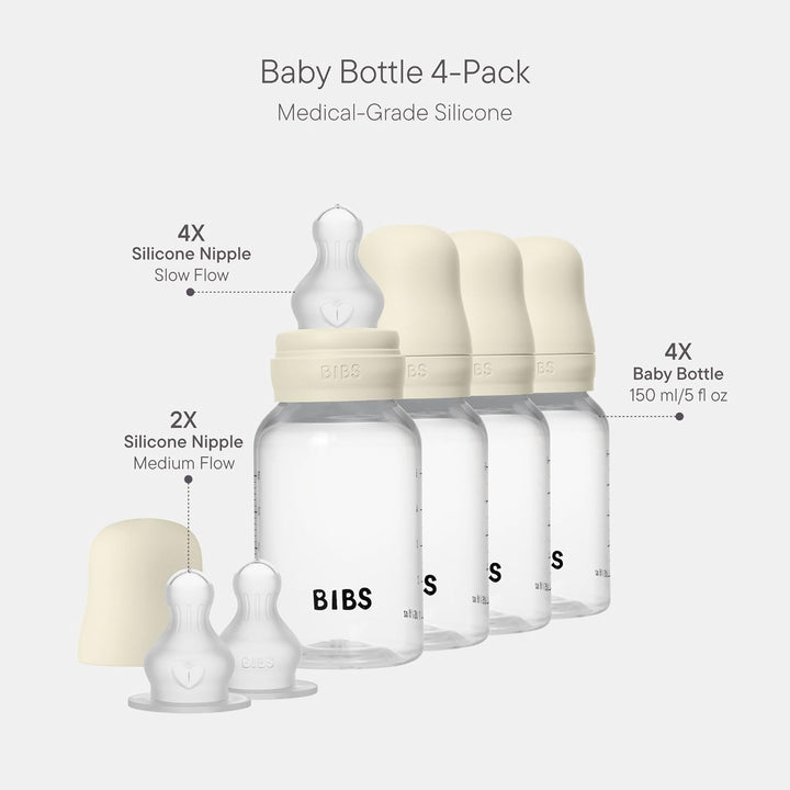 BIBS Babyflasche 150 ml, 4er-Pack Sauger aus Silikon- Babyflaschenset, Anti-Kolik, BPA-frei, Langsam