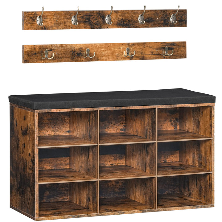 HOOBRO Garderobe Schuhregal Set, Schuhbank mit 9 Fächern, Schuhregal mit gepolsterter Sitzbank, Wand