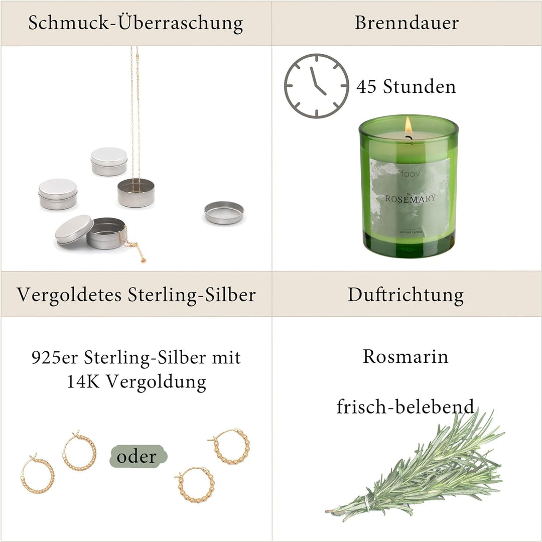 faav Schmuckkerze Rosmarin – Duftkerze inkl. Schmucküberraschung – Kette-Ohrringe-Armband – 45h Bren