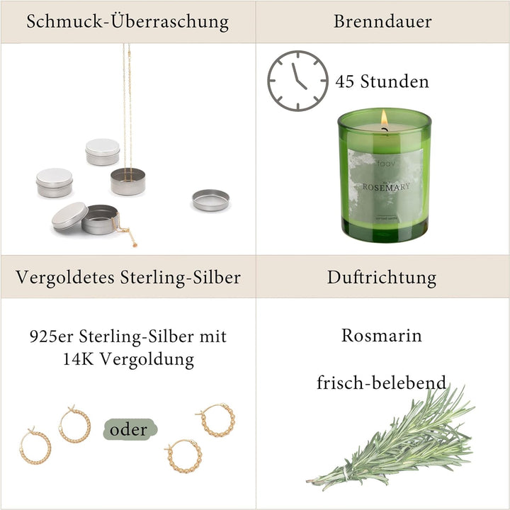 faav Schmuckkerze Rosmarin – Duftkerze inkl. Schmucküberraschung – Kette-Ohrringe-Armband – 45h Bren