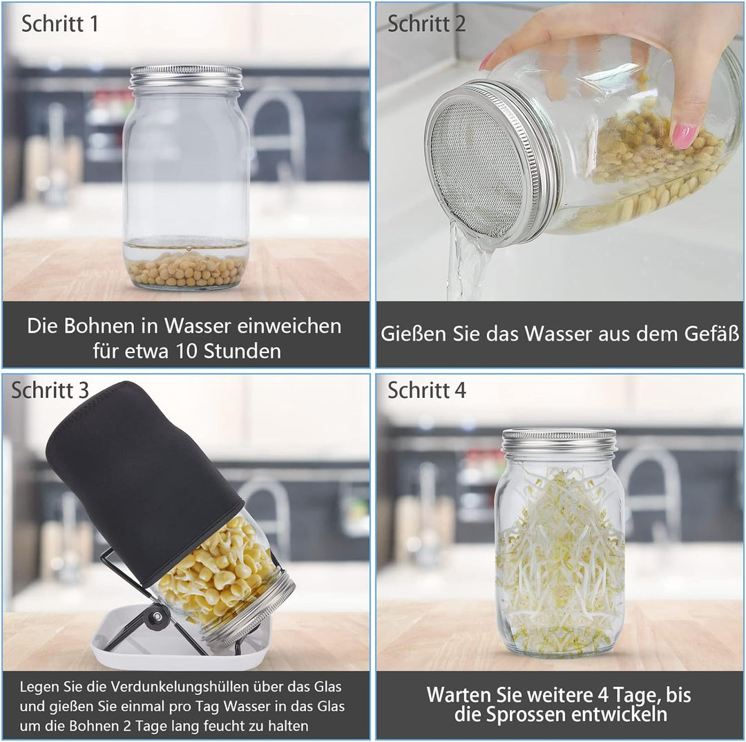 Deefongo 1000 ml Sprossen-Set, 4er Sprouting jar Glas,Keimglas-Set, Weithalsgläser mit abgeschirmten