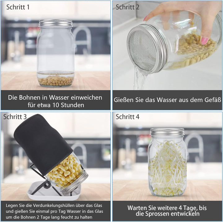 Deefongo 1000 ml Sprossen-Set, 4er Sprouting jar Glas,Keimglas-Set, Weithalsgläser mit abgeschirmten