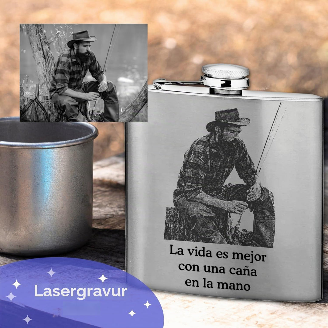 Edelstahl-Flachmann, personalisiert mit Ihrem Foto und Text, 175 ml, Lasergravur.